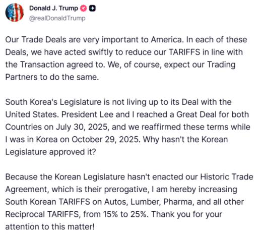 Trump threatens to raise tariffs back to 25%, blaming Seoul for delaying tariff deal