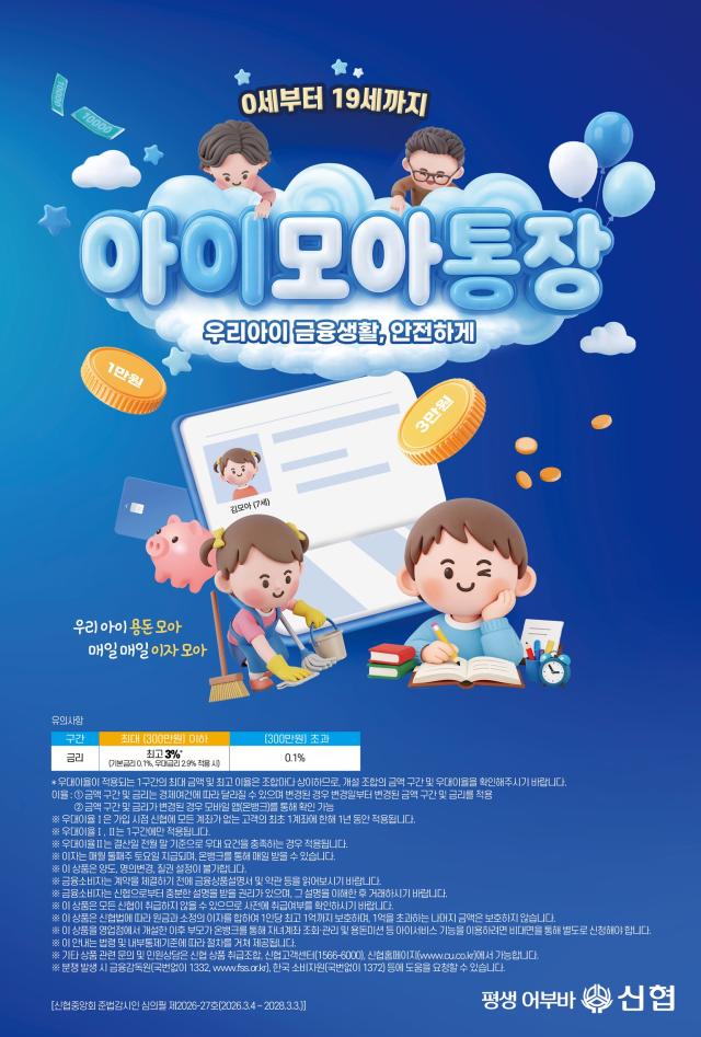 [데일리 뱅킹 브리프] 신협, 19세 미만 자녀 대상 아이모아통장 출시 外