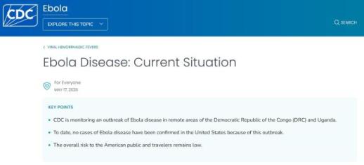 U.S. CDC Prepares to Increase Personnel Amid Ebola Spread in Congo