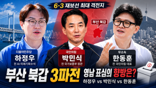 [6·3 재보선 격전지] 부산 북갑, 하정우·박민식·한동훈 3파전…영남 표심의 축소판 됐다