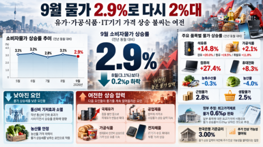 9월 물가 2.9%로 다시 2%대…유가·가공식품·IT기기 불씨 여전