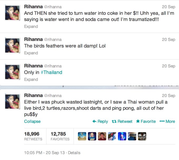 Rihanna ping-pong show tweets upset Thai fans