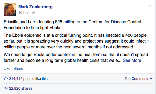 Facebook CEO Mark Zuckerberg and his wife Priscilla donate $25 million to fight Ebola