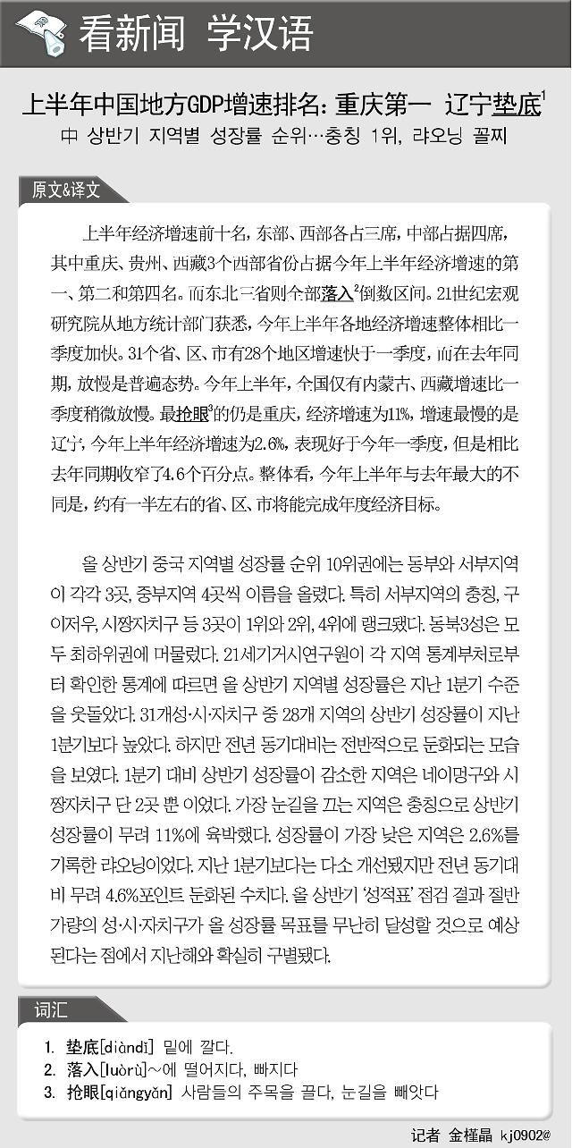 [看新闻学汉语] 上半年中国地方GDP增速排名：重庆第一 辽宁垫底