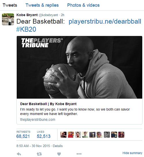 Kobe Bryant says farewell to basketball via Twitter