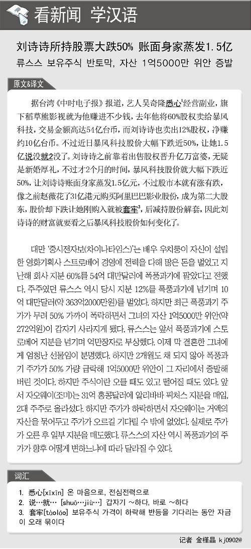 [뉴스중국어] 류스스 보유주식 반토막, 자산 1억5000만 위안 증발 