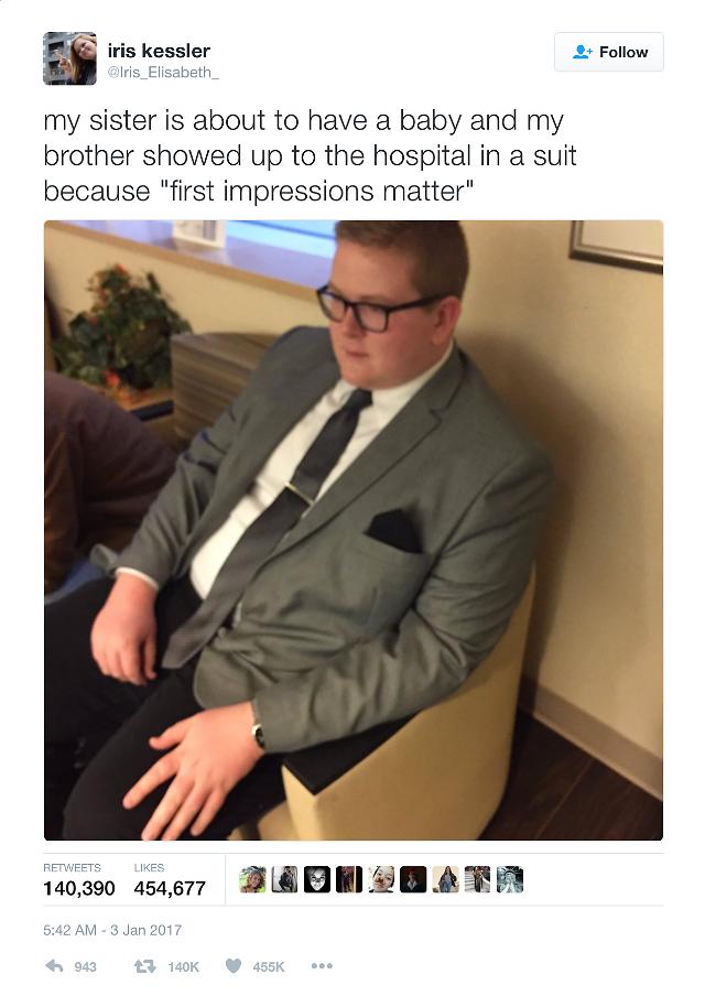 Sweetest uncle of the year dresses in suit to meet his new baby niece because "First impressions matter"