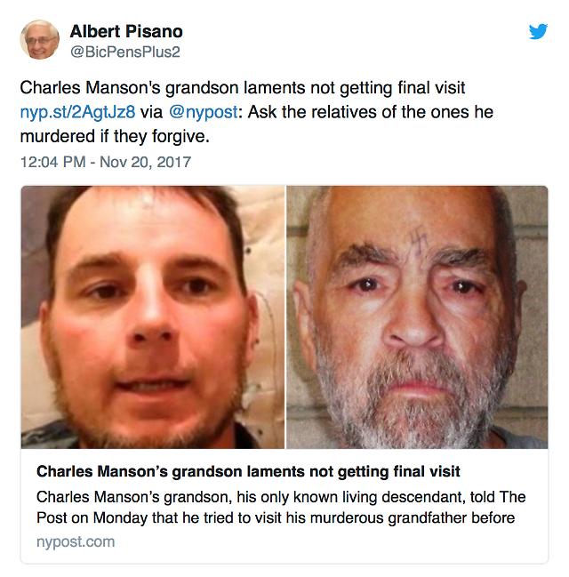 Helter Skelter cult leader Charles Manson dies at 83 and his grandson speaks out