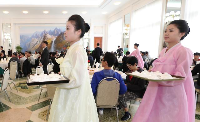 朝鲜宴请韩方艺术团成员 美女服务员抢镜
