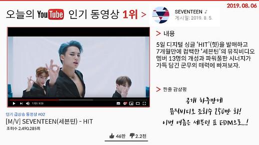  [오늘의 유튜브] 2019년 8월 6일 오늘의 ‘핫’한 유튜브 영상 BEST 3…세븐틴 HIT 뮤직비디오 오늘의 1위