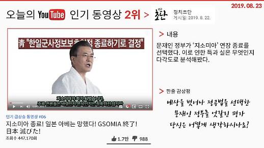 [오늘의 유튜브] 8월 23일 유튜브 BEST 3…‘지소미아 종료, 아베는 망했다’, ‘엑스원(X1) 콘셉트 트레일러 공개’ 외