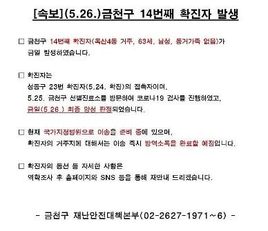 금천구청, 14번째 확진자 발생...독산 4동 63세 남성