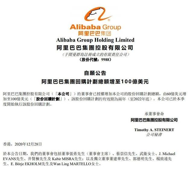 [중국 마이종목] Alibaba decided to buy 11 trillion worth of treasury stock in’stock price crash’