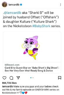 American rapper Cardi B to guest star in Baby Sharks Big Show episode