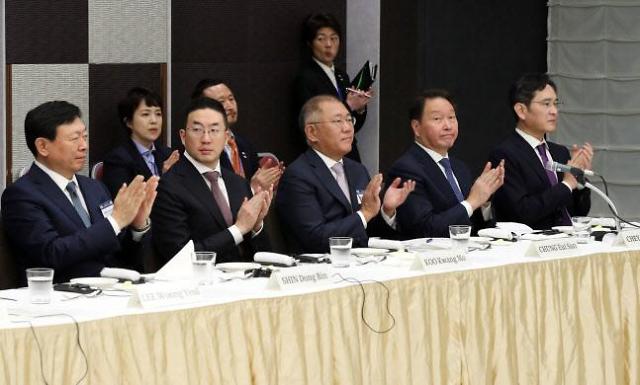 Bàn tròn doanh nghiệp Hàn Quốc - Nhật Bản được tổ chức tại Hội trường Keidanren (Liên đoàn các tổ chức kinh tế Nhật Bản) ở Tokyo vào ngày 17/3/2023. (từ trái sang) Chủ tịch Tập đoàn Lotte Shin Dong-bin, Chủ tịch Tập đoàn LG Koo Kwang-mo, Chủ tịch Tập đoàn Hyundai Motor Chung Eui-sun, Chủ tịch Tập đoàn SK Chey Tae-won, Chủ tịch Samsung Electronics Lee Jae-yong. 