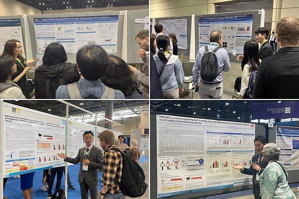 한미약품 RD센터 연구원들이 올해 상반기에 열린 미국암연구학회AACR∙위 두 사진 유럽간학회EASL∙왼쪽 아래 세계내분비학회ENDO∙오른쪽 아래 등 주요 해외 학회에서 포스터 발표를 하고 있다 사진한미약품