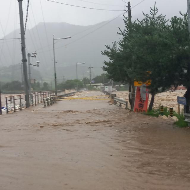 충북 괴산댐 아래 수전교가 15일 집중호우와 방류량 증가로 물에 잠겨 통행 제한 조치돼 있다 사진괴산군