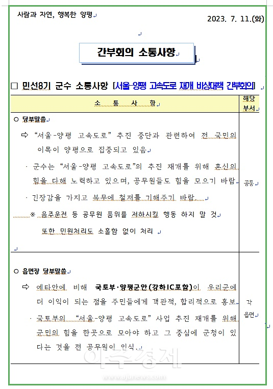 특히 지난 11일자 군 내부 전산망에 민선 8기 군수 소통사항 서울양평 고속도로 재개 비상 대책 간부회의란 소제목 밑에 군수는 고속도로 추진 재개를 위해 혼신의 힘을 다해 노력하고 있으며 공무원들도 힘을 모으기 바람이란 내용이 있다며 이는 예타안양서면에 비해 국토부·양평군 안변경안 강상면 안이 더 이익이 되는 점을 주민들에게 홍보하도록 지시하는 것이라고 강조했다