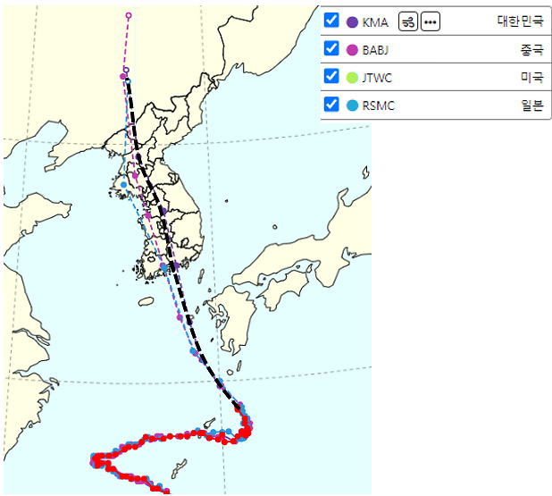 8일 오전 10시 기준 각 나라별 태풍 정보 비교 자료기상청