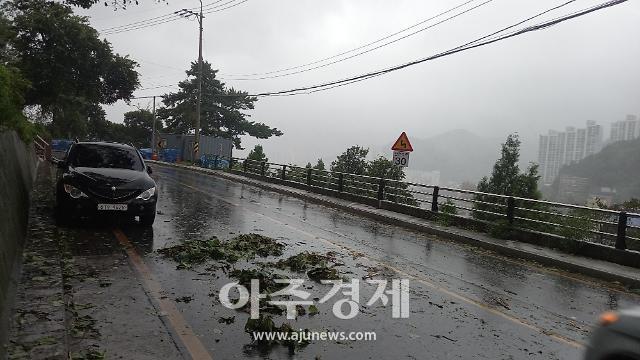 태풍 카눈이 10일 오전 9시 20분 기준  경남 거제 부근에 상륙하면서 부산에서도 강풍을 동반한 많은 비로 곳곳에서 피해가 속출하고 있다사진부산소방재난본부