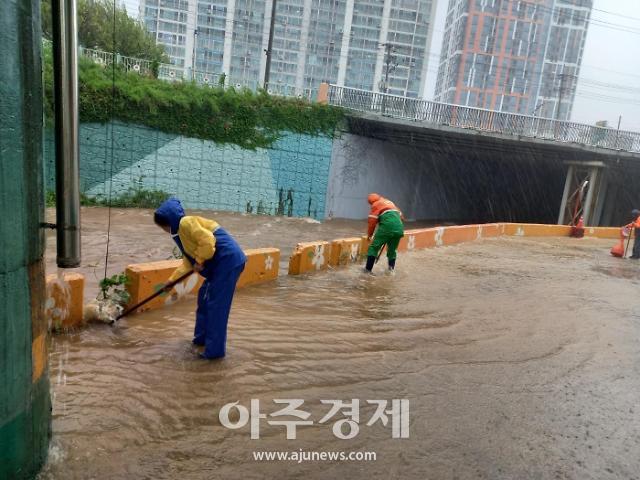 동해시 한섬 하류 범람우려로 방재단원들이 맹활약 중에 있다사진동해시