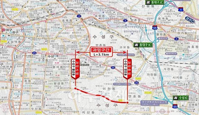 대구광역시는 ‘황금동범안삼거리 도로 건설사업’이 기획재정부 제4차 재정사업평가위원회에서 예비타당성조사 대상 사업으로 선정된 황금동범안삼거리 도로개설 위치도이다  사진대구시 