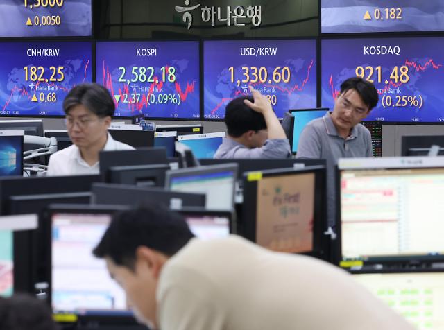 5일 오후 서울 중구 하나은행 딜링룸에서 직원들이 업무를 보고 있다 사진연합뉴스