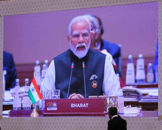 나렌드라 모디 인도 총리가 9일현지시간 뉴델리에서 G20 정상회의 개막사를 하고 있다 사진연합뉴스