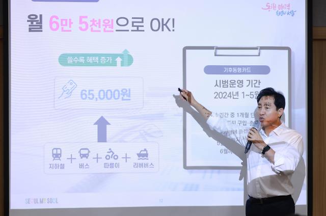 Thị trưởng Seoul Oh Se-hoon đang thuyết trình giới thiệu về kế hoạch triển khai thẻ giao thông tích hợp Climate Card tại phòng họp của Tòa thị chính Seoul ở Jung-gu Seoul vào sáng ngày 1192023 Ảnhdbeorlf123ajunewscom