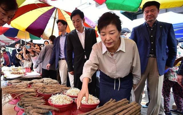 박근혜 전 대통령이 지난 25일 대구 달성군 현풍시장을 찾아 장을 보고 있다 사진연합뉴스
