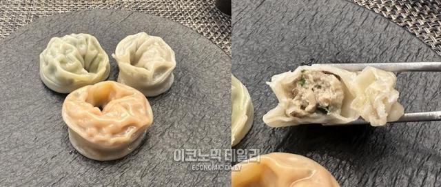 왼쪽 첫번째부터 부추새우·소고기표고·묵은지손만두 3종 소고기표고손만두 단면 모습 사진김아령 기자