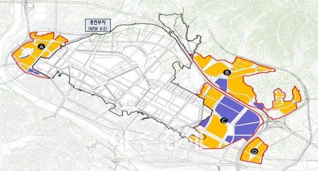 대구광역시는 17일 ‘대구경북 통합신공항 건설 및 후적지 개발 사업성 분석’이 ‘사업성 충분’으로 결론이 났음을 발표하며 K-2 종전부지 주변부지 개발계획도이다 사진대구시