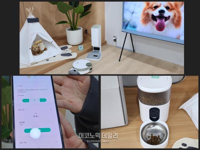 삼성전자 관계자가 스마트홈의 거실 공간을 소개하는 모습 스마트싱스SmartThings를 사료 자동 급식기와 연결하면 언제 어디서나 원격으로 급여량을 관리할 수 있다사진고은서 기자