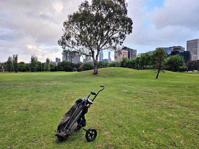호주 멜버른 알버트 파크 골프코스 10번 홀과 12번 홀 사이에 있던 나무 손 카트가 나무 앞에 서있다 사진이동훈 기자