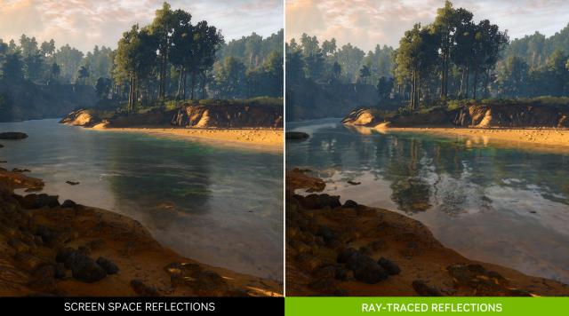 Comparaison de l'expression de la réflexion de la lumière à gauche et à droite après application du lancer de rayons. Photo de Nvidia.