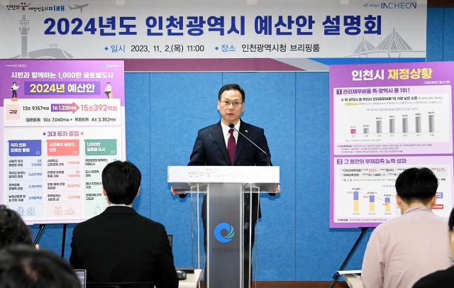 박덕수 행정부시장이 2일 시청 브리핑룸에서 2024년도 인천광역시 예산안을 설명하고 있다 사진인천시