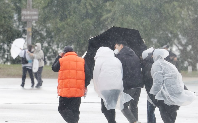 서울 지역에 돌풍을 동반한 소나기가 내린 지난달 10일 오후 서울 반포한강공원에서 시민들이 함께 우산을 쓰고 길을 지나고 있다 사진연합뉴스