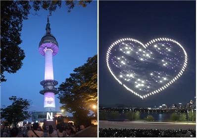 Video Tháp Namsan Seoul được nhuộm màu tím trái và video biểu diễn drone ánh sáng ở sông Hàn phải ẢnhThành phố Seoul