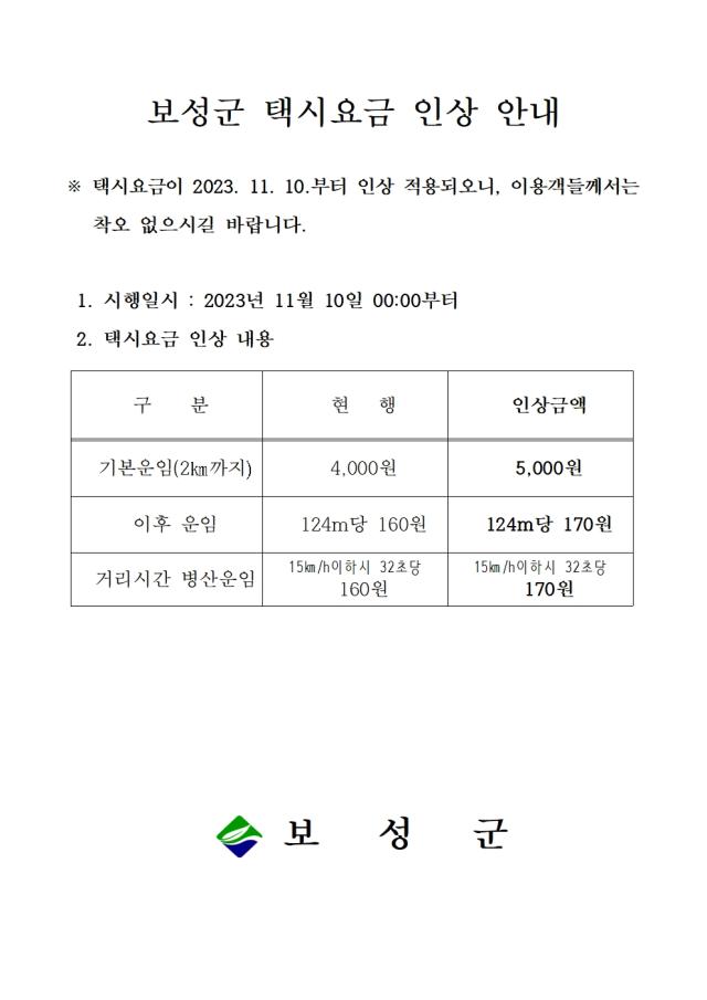 보성군 택시 기본요금 4년여 만에 1천 원 ‘인상’_요금 인상 안내문 사진보성군