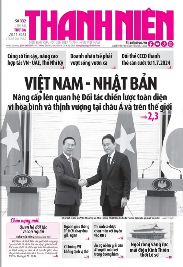 보반트엉 베트남 국가주석의 일본 방문을 계기로 양국 관계를 포괄적 전략적 동반자 관계로 격상하기로 합의한 것에 대한 베트남 신문들의 보도 출처 Tuoi Tre Thanh Nien 신문 캡처