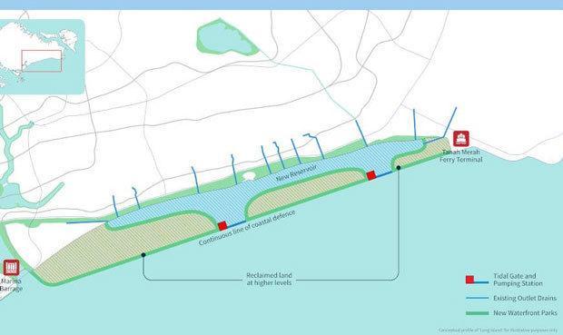 싱가포르 도시재개발청은 신 인공섬 ‘롱 아일랜드’를 개발하는 계획을 발표했다 해안쪽 녹색 선으로 표시된 부분이 인공섬으로 개발된다 사진도시재개발청 제공