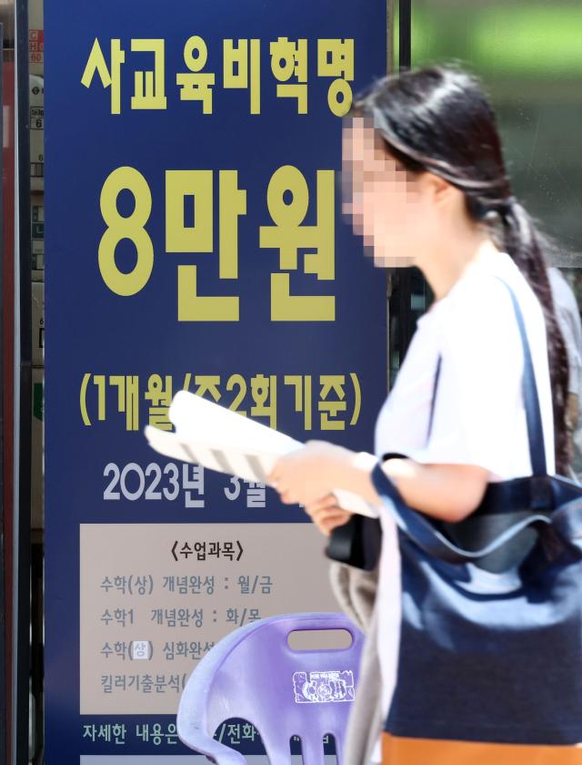 서울 강남구 대치동의 한 학원 앞에 수업 내용과 관련된 광고문구가 적혀있다사진연합뉴스