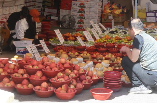 Người dân đang chọn trái cây tại một cửa hàng rau quả tại một khu chợ truyền thống ở trung tâm thành phố Seoul vào ngày 2492023 ẢnhYonhap News