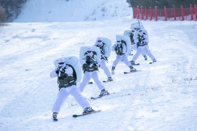 육군 특전사 장병이 황병산 훈련장 일대에서 스키를 활용한 전술기동을 실시하고 있다사진육군
