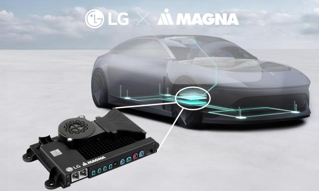 LG전자와 마그나가 개발한 플랫폼이 차량에 탑재돼 인포테인먼트 자율주행 운전자 보조 등 기능을 통합 관리하는 모습의 개념도 사진LG전자