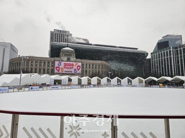 9일 서울시청광장 스케이트장에 눈이 내리고 있다 사진권규홍 기자 