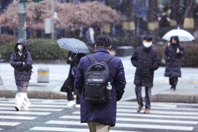 서울 전역에 대설주의보가 내린 9일 오전 서울 중구 을지로입구역 인근에서 시민들이 눈을 맞아가며 길을 건너는 모습 사진연합뉴스