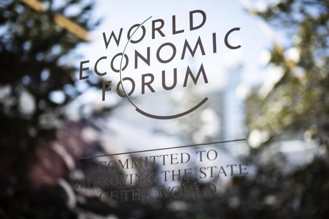 epa11075915 A picture shows the logo of the World Economic Forum WEF in Davos Switzerland 14 January 2024 The 54th annual meeting of the World Economic Forum WEF brings together entrepreneurs scientists and corporate and political leaders in Davos under the topic Re