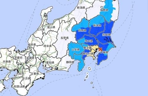 28일 오전 일본 도쿄에서 발생한 규모 48 지진 붉은 색 X표시는 진원 사진일본 기상청 홈피 갈무리·연합뉴스