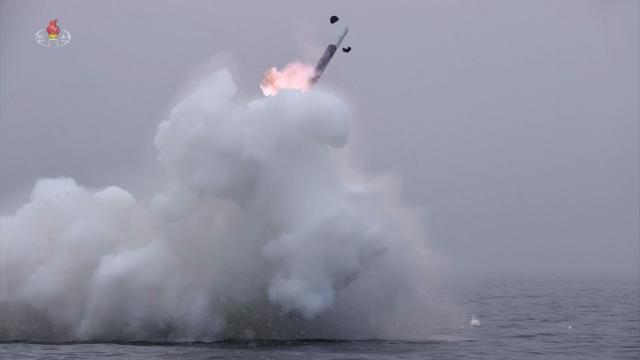 김정은 북한 국무위원장이 지난 28일 오전 새로 개발된 잠수함발사전략순항미사일 불화살-3-31형의 시험발사를 지도했다고 조선중앙TV가 29일 보도했다 사진조선중앙TV 화면 